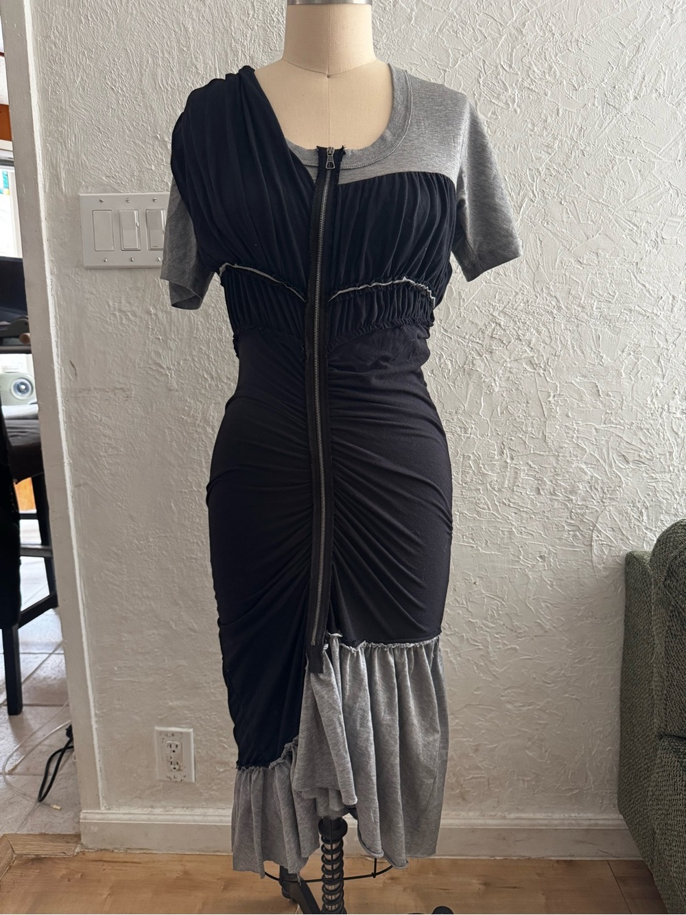 Alexander McQueen MCQ Black and Gray Ruched Zip-Front Women’s Dress